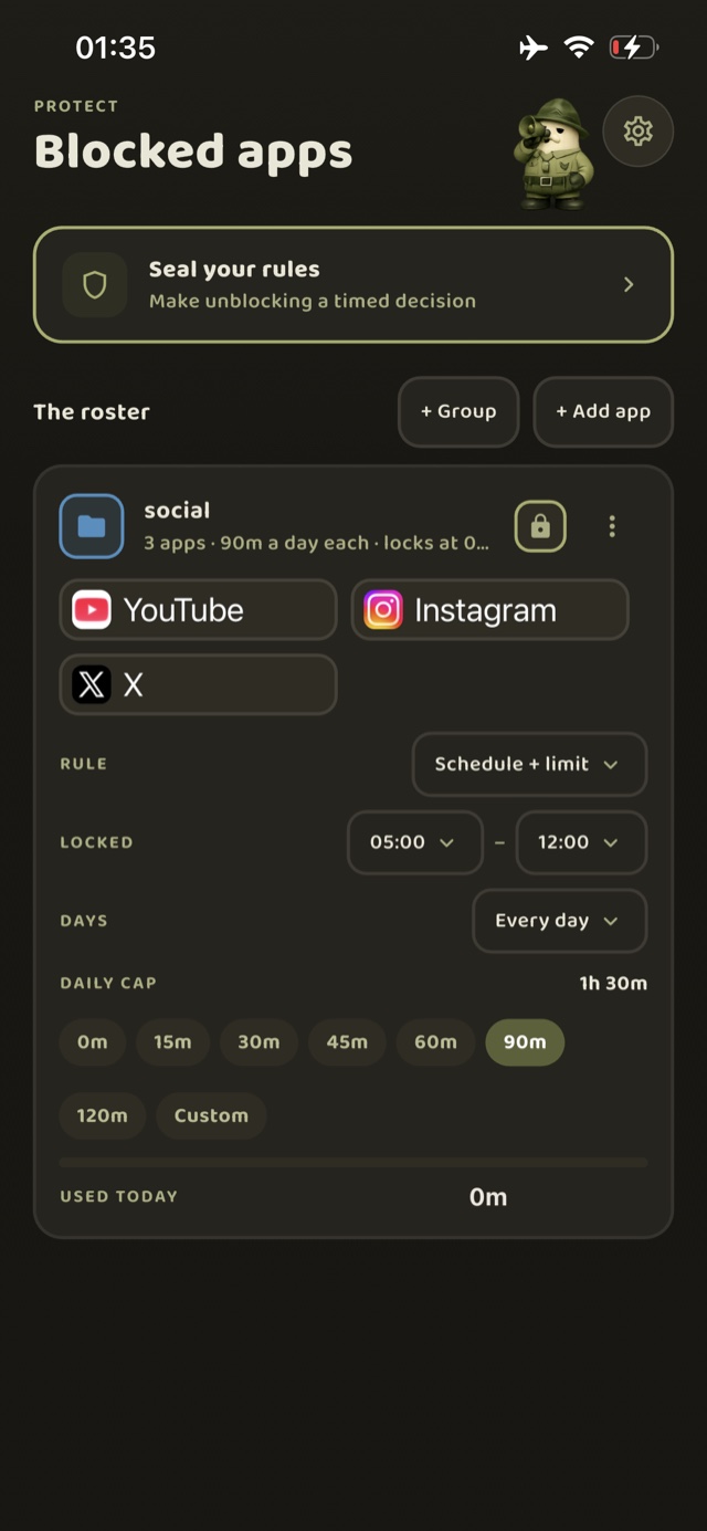 A blocked app's lockdown screen