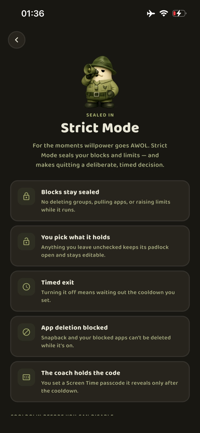 Strict Mode — rules sealed behind a cooldown